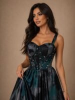 فستان سهرة طويل بتصميم راقي كلوش فاخر بتطريز يدوي