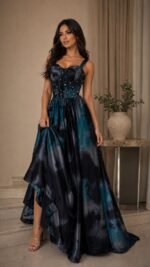 ⁦فستان سهرة طويل بتصميم راقي كلوش فاخر بتطريز يدوي⁩ - الصورة ⁦2⁩